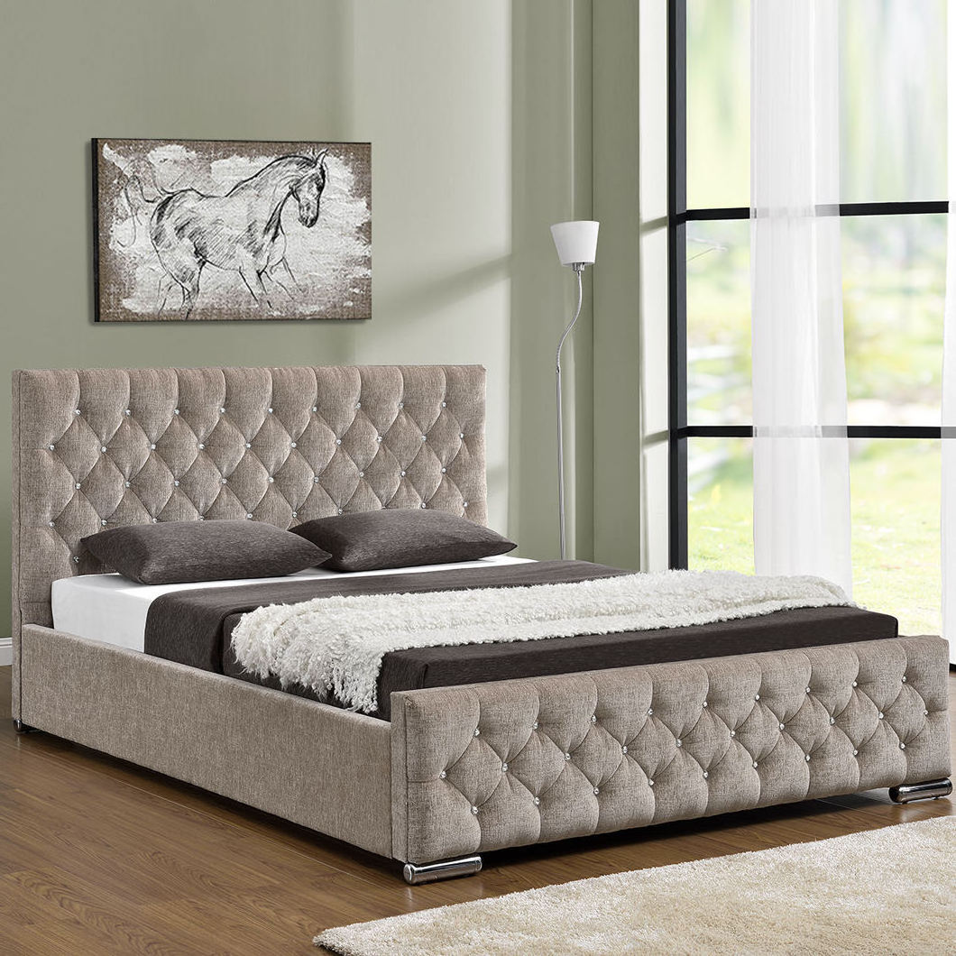 SMC-33 Modern Queen Velvet Button Bed Silver Velvet Crush Headboard Storage Double Bed