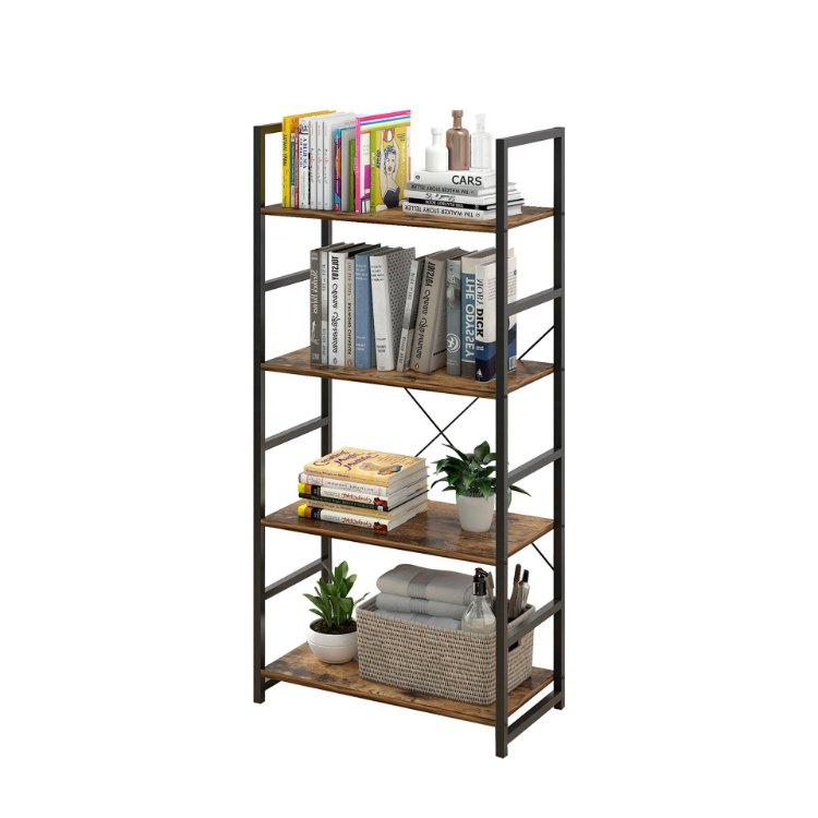 SJ-10 Custom Steel Frame Industrial Modern Tall Ladder 6 Layer MDF Wooden Corner Book Shelf For Living Room