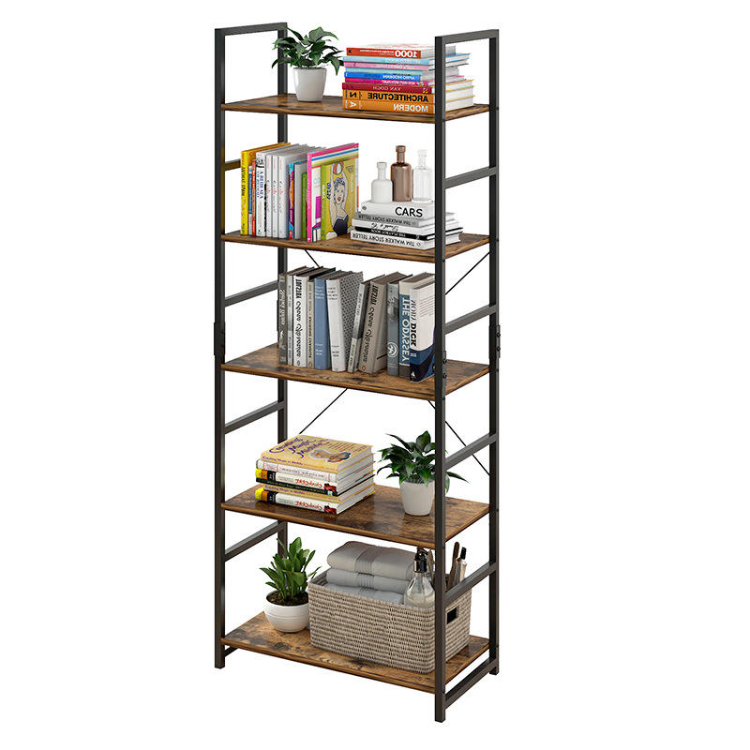 SJ-10 Custom Steel Frame Industrial Modern Tall Ladder 6 Layer MDF Wooden Corner Book Shelf For Living Room