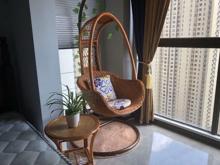 HHQQ-08 Indoor Natural Rattan Cane Wooden Hanging Pod Chair Swing