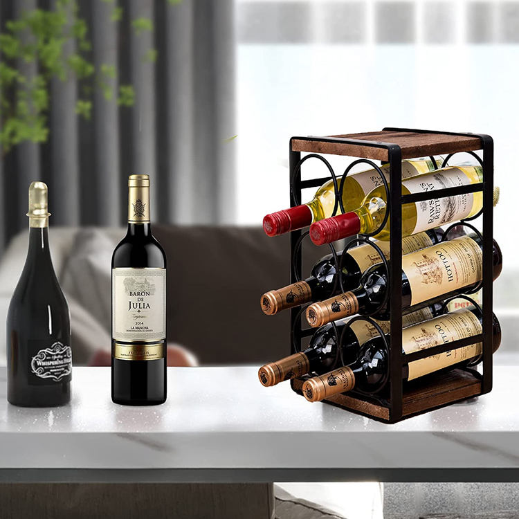 JJ-22 Solid Wood And Whisky Bottle Display Stand Rustic Wood Countertop Wine Rack 6 Bottles No Need Assembly