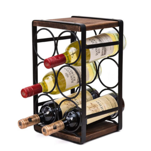 JJ-22 Solid Wood And Whisky Bottle Display Stand Rustic Wood Countertop Wine Rack 6 Bottles No Need Assembly