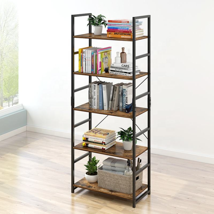 SJ-10 Custom Steel Frame Industrial Modern Tall Ladder 6 Layer MDF Wooden Corner Book Shelf For Living Room