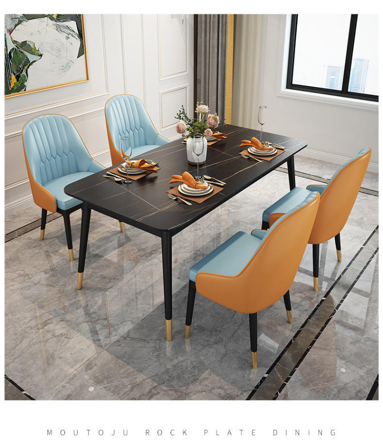 CZTZ-08  Kitchen Dinning Room 4/6/8 Seater Dining Table Set Metal Leg Marble Top Dinner Table and Chair Set