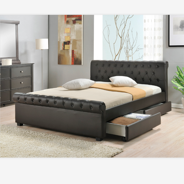 PYC-19 Elegant Scandinavian Design Crystal Button Tufted Platform Bed Frame Black Velvet Upholstered Queen Size Bed