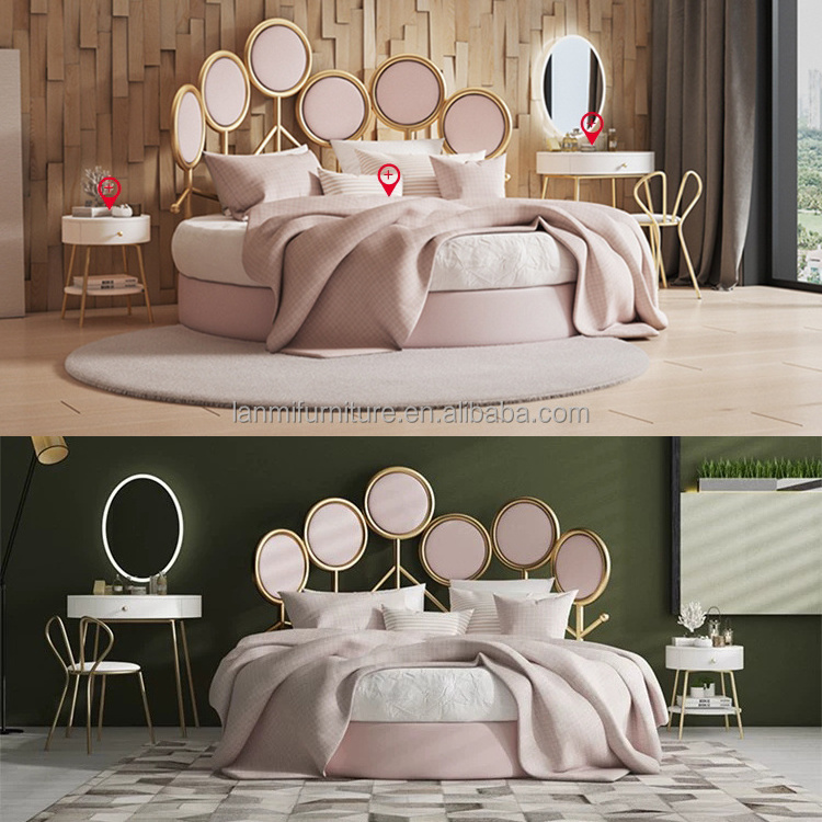 Modern furniture blue pink fabric circle beds love hotel king size velvet bedroom bed double luxury round bed