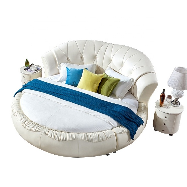 Cheap new modern design furniture comfortable simple latest queen size double bed leather white round bed