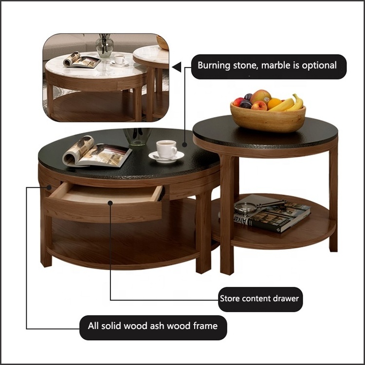 Furniture factory wholesale walnut wooden tea table furniture tea coffee table with functional stone