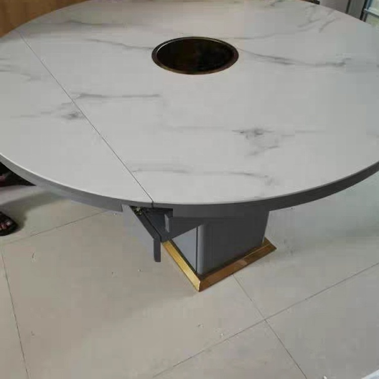 Extendable Round Folding Stainless Steel Tempered Glass rock Dining Table With Induction Cooker imported rock plate