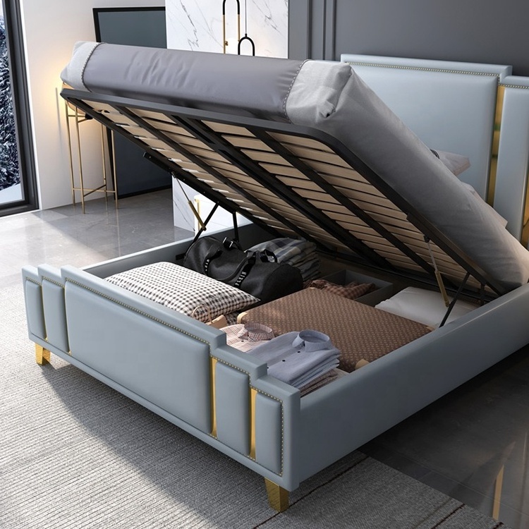 Modern Italian PU Leather Exotic King Storage adjustable Platform Bed Wood Frame Lift storage bed double