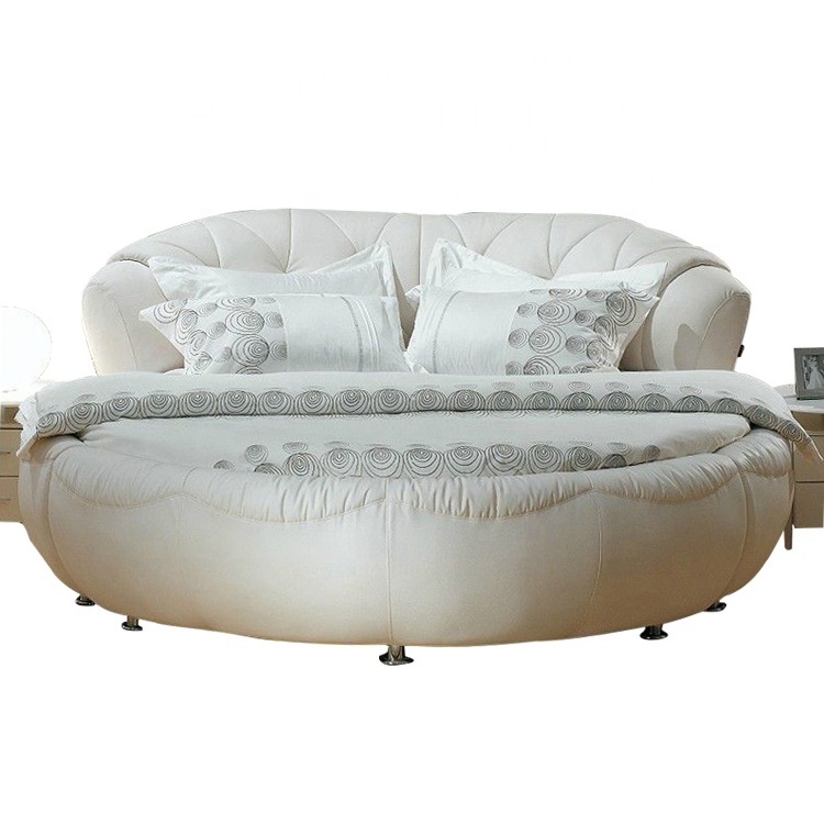 Cheap new modern design furniture comfortable simple latest queen size double bed leather white round bed