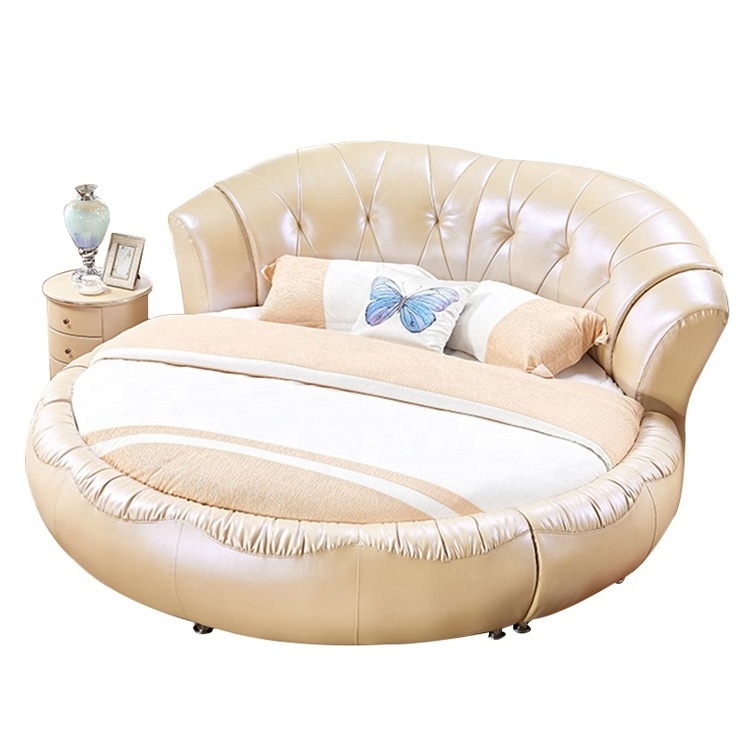 New design bedroom king size round bed White double bed set Modern Round genuine Leather Bed in pakistan