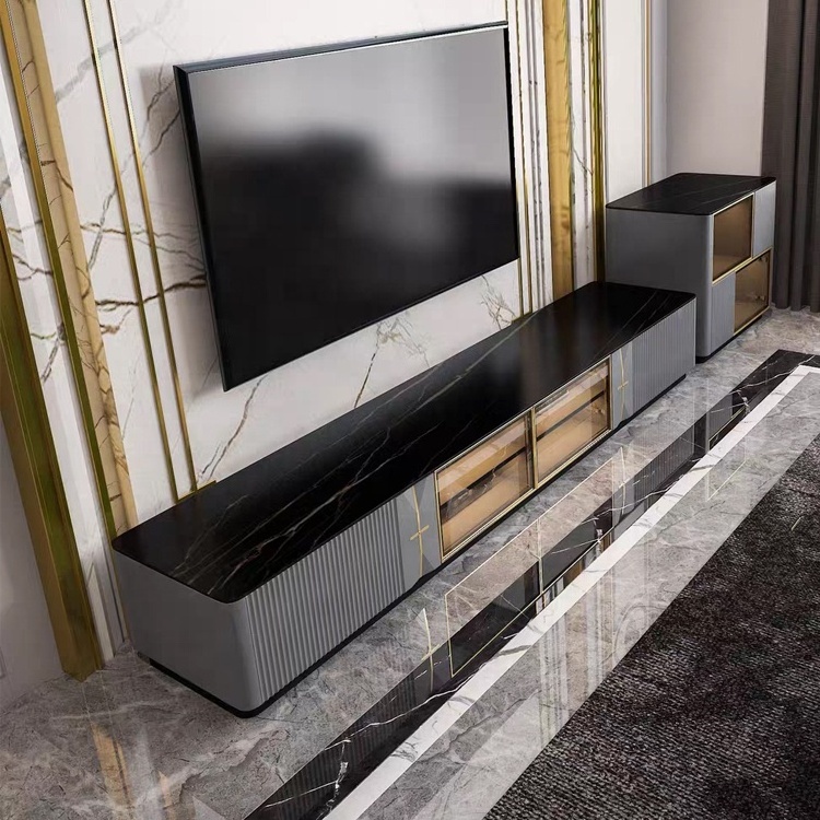 Luxury Modern 2 tier marble rock table top iron metal frame TV cabinet white european tv stand living room furniture