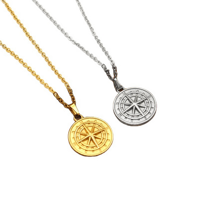 NEW Stainless Steel Hiphop Fashion Chain with Compass Pendant Necklace 18k Gold Coin Compass Letter Men's Hip Hop Charm Jewelry