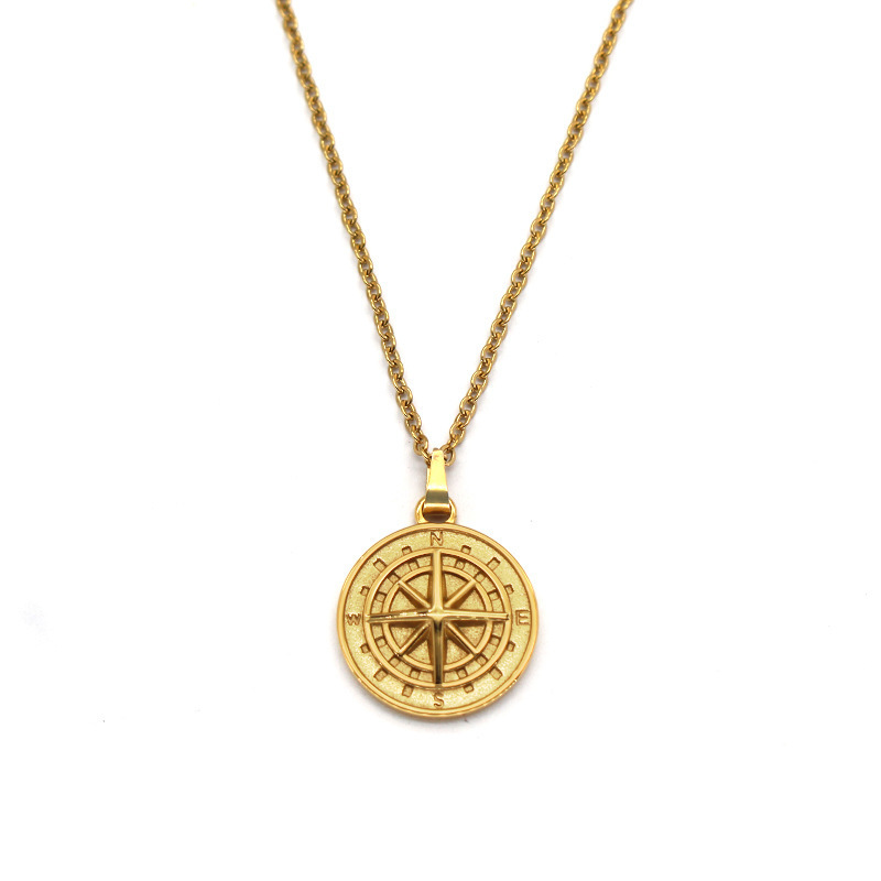 NEW Stainless Steel Hiphop Fashion Chain with Compass Pendant Necklace 18k Gold Coin Compass Letter Men's Hip Hop Charm Jewelry