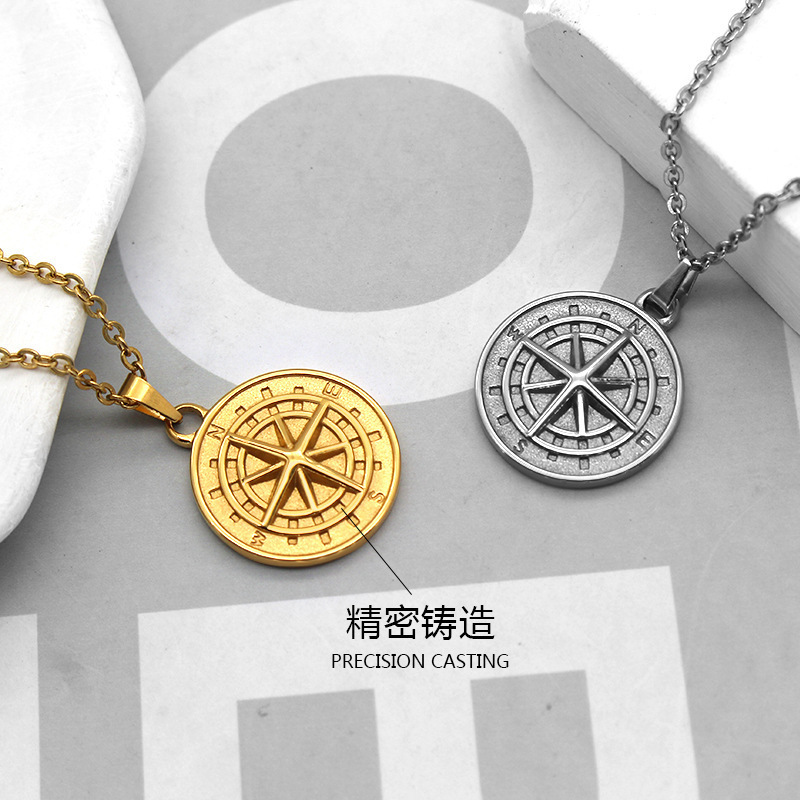 NEW Stainless Steel Hiphop Fashion Chain with Compass Pendant Necklace 18k Gold Coin Compass Letter Men's Hip Hop Charm Jewelry