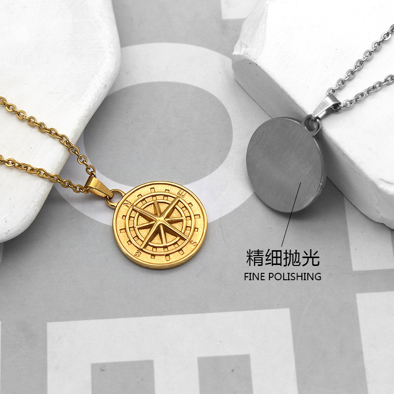 NEW Stainless Steel Hiphop Fashion Chain with Compass Pendant Necklace 18k Gold Coin Compass Letter Men's Hip Hop Charm Jewelry