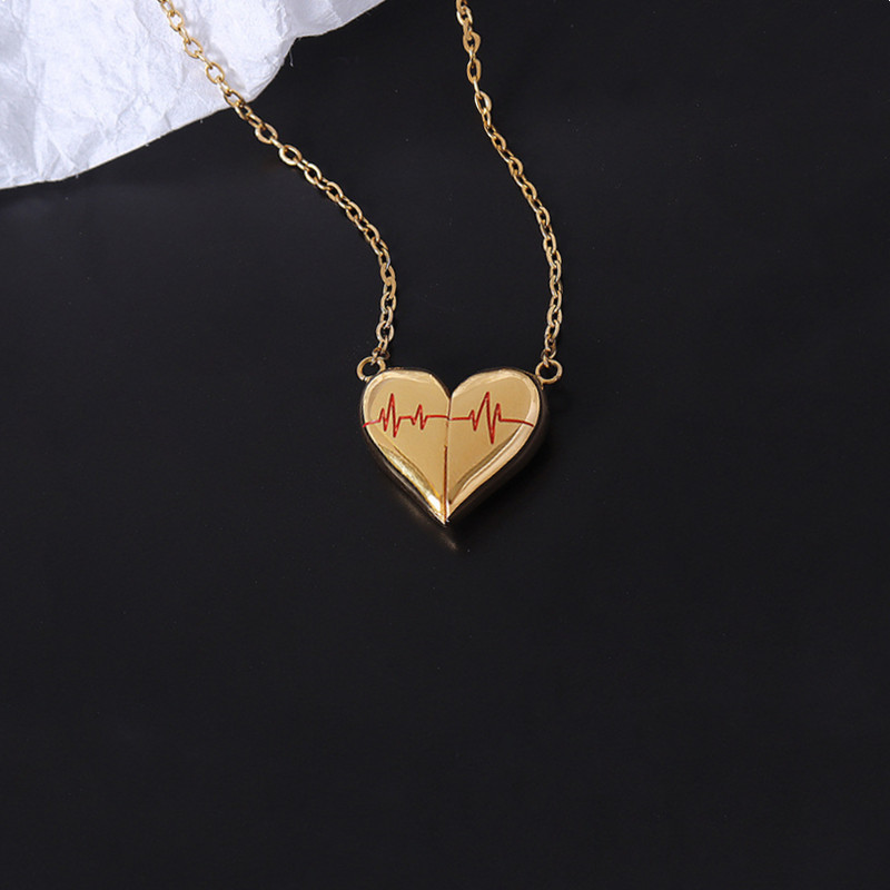 2023 NEW Stainless Steel Heartbeat Magnet Couple Necklace Set Ecg Cardiogram Magnetic Heart Charm Lovers Attraction Necklaces