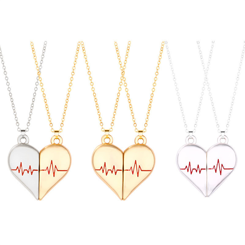 2023 NEW Stainless Steel Heartbeat Magnet Couple Necklace Set Ecg Cardiogram Magnetic Heart Charm Lovers Attraction Necklaces