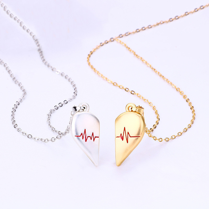 2023 NEW Stainless Steel Heartbeat Magnet Couple Necklace Set Ecg Cardiogram Magnetic Heart Charm Lovers Attraction Necklaces