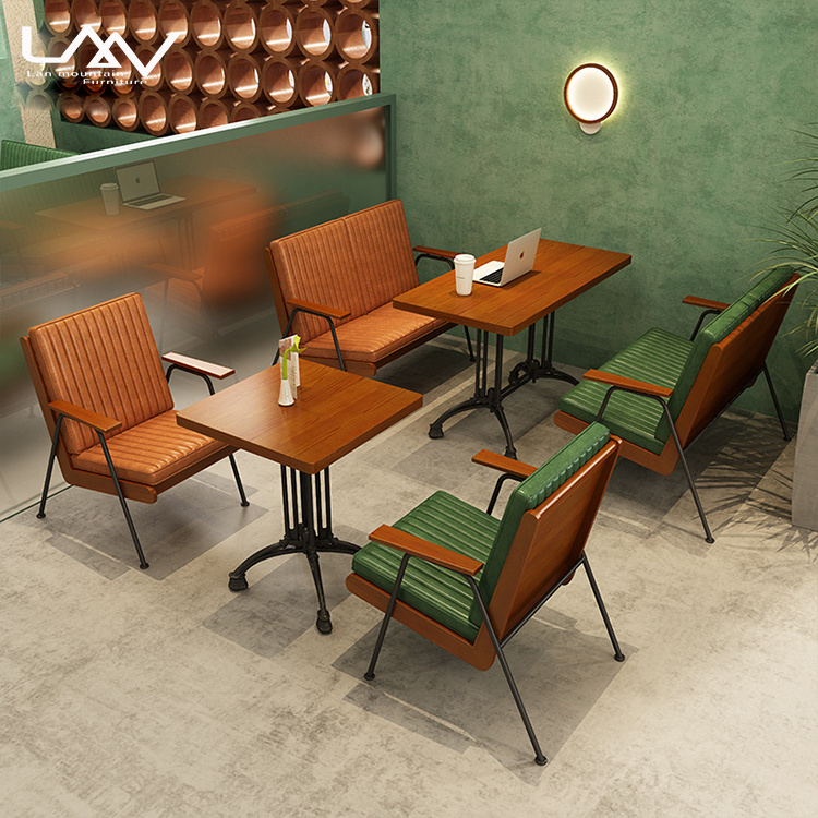 American style vintage cafe dining table and chair hotel restaurant bistro wood frame green leather booth sofa furniture