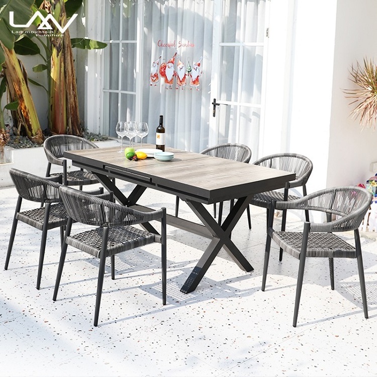 Outdoor Dining Table Adjustable Stretch Long Table Garden patio Rectangle ceramic tile top metal leg dining Table