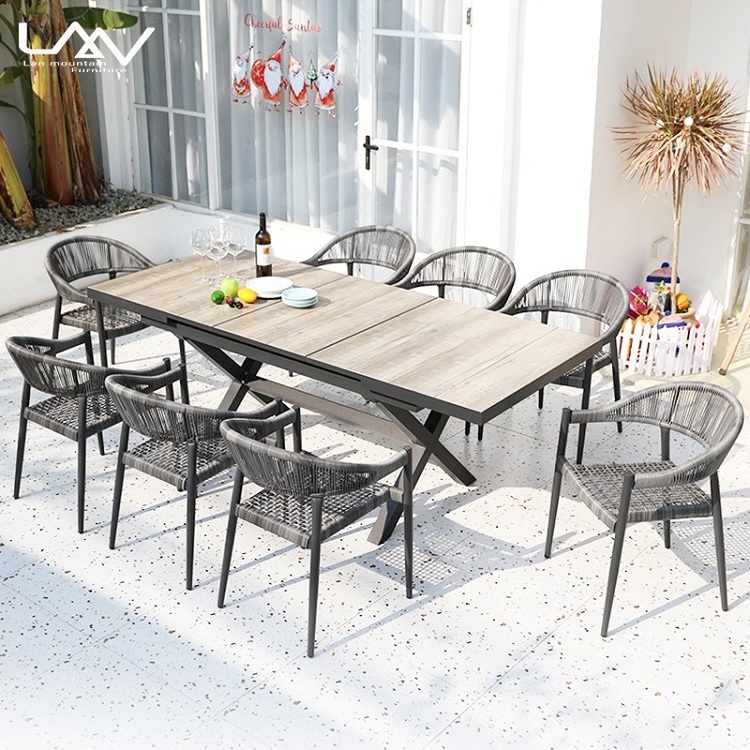 Outdoor Dining Table Adjustable Stretch Long Table Garden patio Rectangle ceramic tile top metal leg dining Table