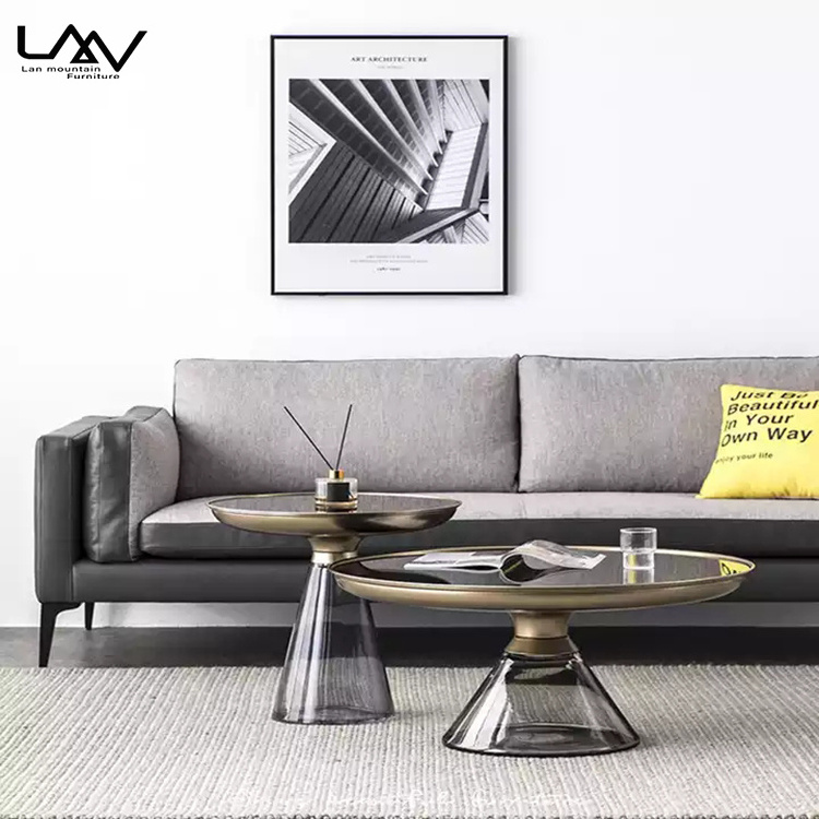 Nordic Art Design Living Room Hotel Round Coffee Table Combination Luxury Metal Frame With Glass Villa Sofa Side Table