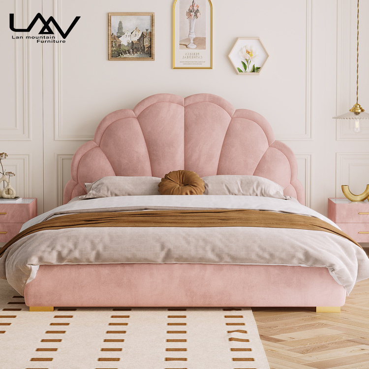 Modern Cute wood frame pink velvet upholstered bed bedroom furniture children kids bed for girls