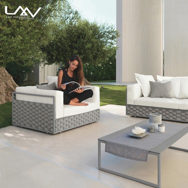 Modern Luxury outdoor sofa sectional all weather garden patio aluminum frame weave rope sofa furniture set