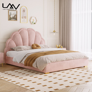 Modern Cute wood frame pink velvet upholstered bed bedroom furniture children kids bed for girls