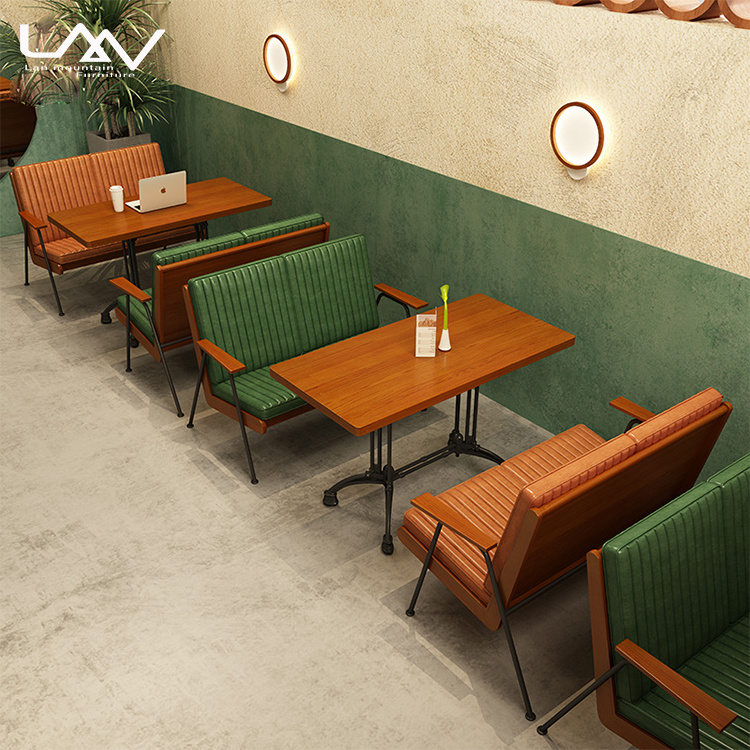 American style vintage cafe dining table and chair hotel restaurant bistro wood frame green leather booth sofa furniture