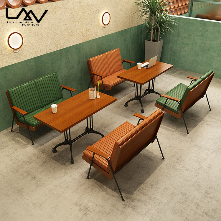 American style vintage cafe dining table and chair hotel restaurant bistro wood frame green leather booth sofa furniture