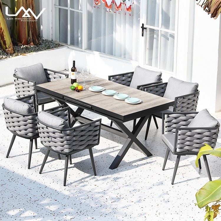 Outdoor Dining Table Adjustable Stretch Long Table Garden patio Rectangle ceramic tile top metal leg dining Table