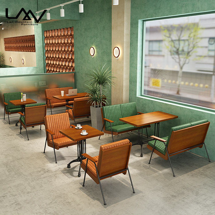 American style vintage cafe dining table and chair hotel restaurant bistro wood frame green leather booth sofa furniture