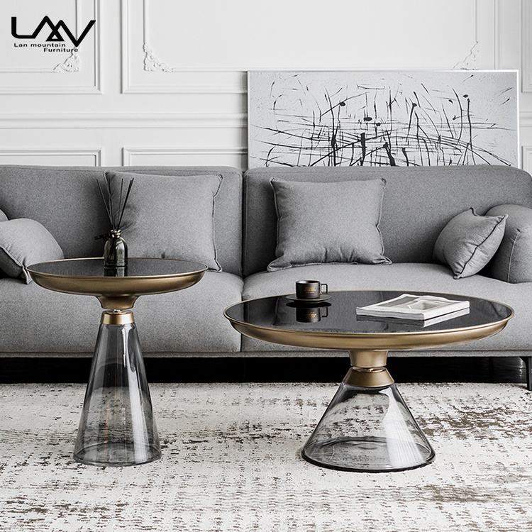 Nordic Art Design Living Room Hotel Round Coffee Table Combination Luxury Metal Frame With Glass Villa Sofa Side Table