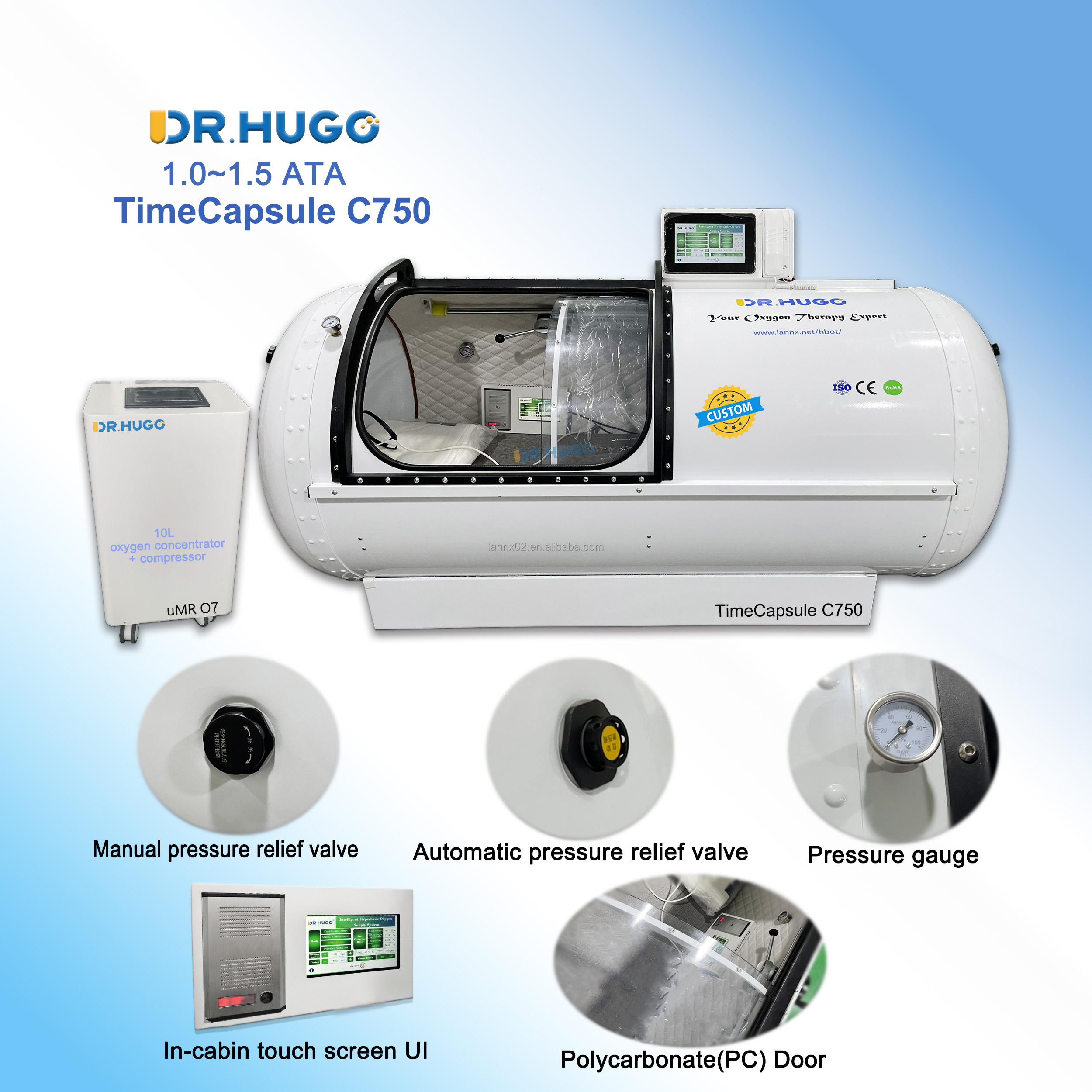 DR.HUGO TimeCapsule C750 Factory price Hard Shell Oxygen Hyperbaric Chamber Bulgaria Home Hbot Chamber Camara Hiperbaricas