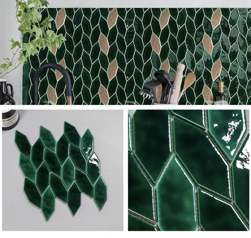 Leafy Emerald Green Wall Tile handmade Mosaic Nordic Ceramic tile Kitchen Backsplash Restaurant swimming pool Bathroom  Art Deor