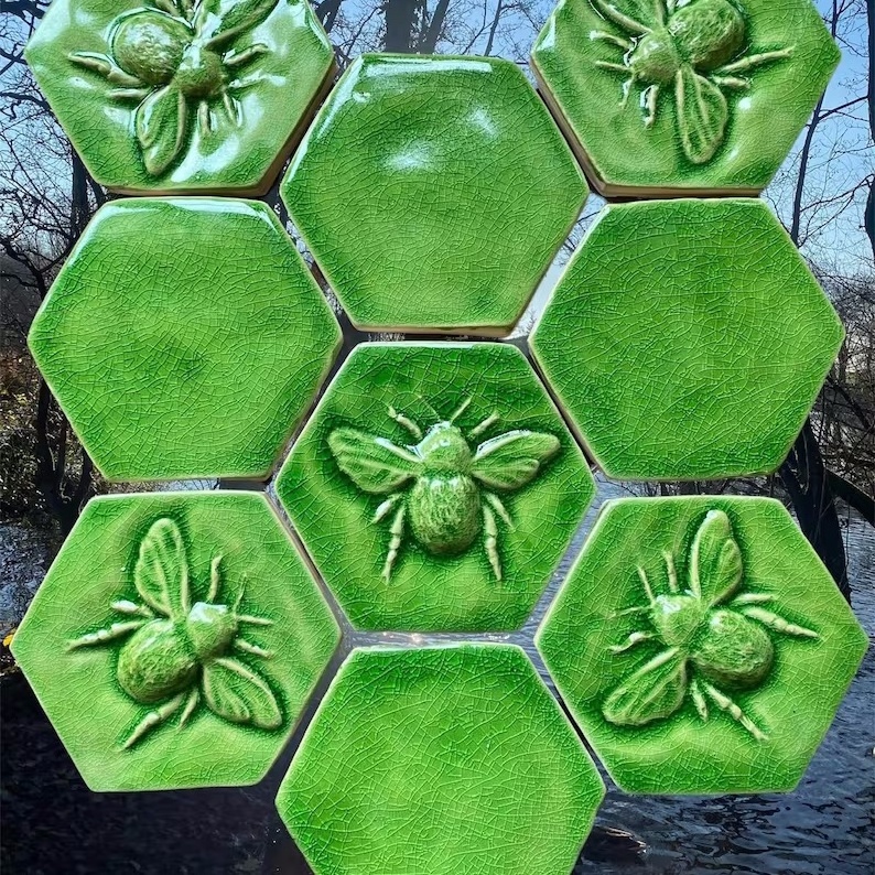 Custom handmade ceramic tiles Bee Tiles Small Crack hexagonal Bee tiles in Crack green glaze for bathroom kitchen balcony wall