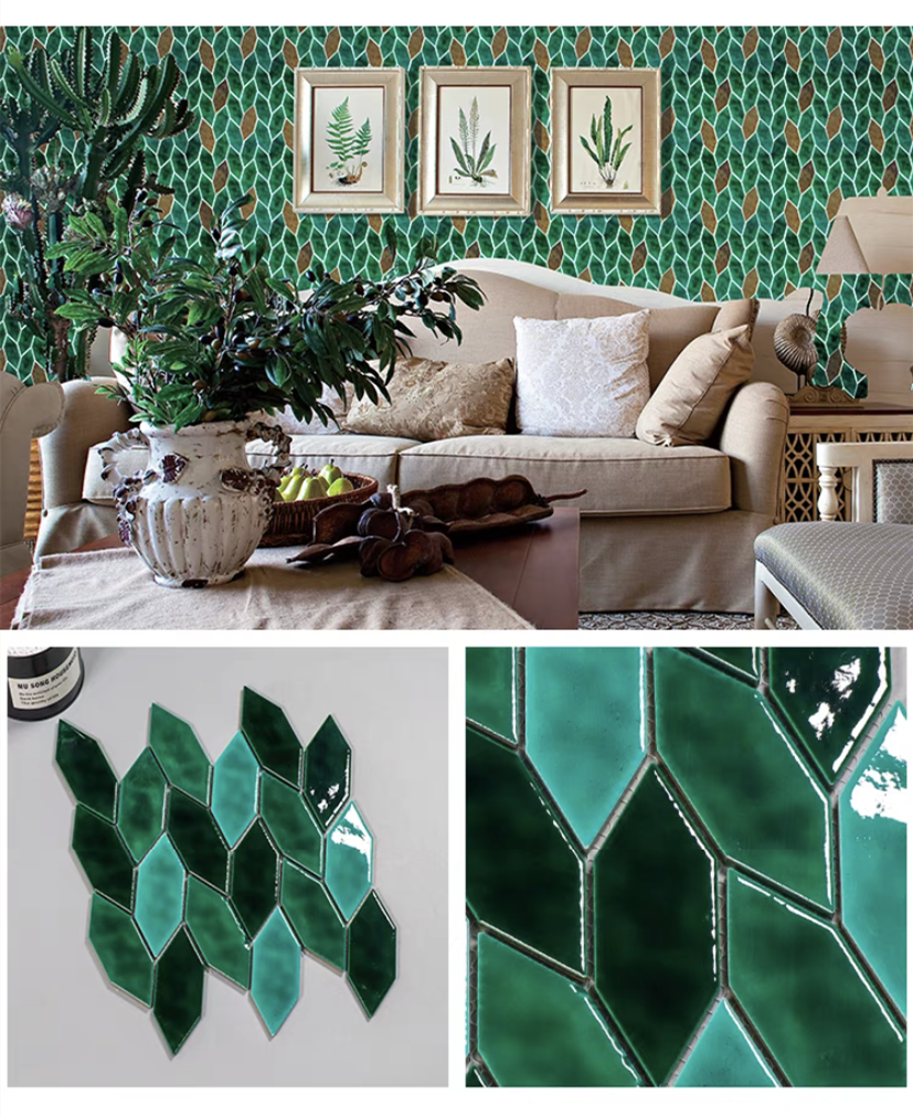 Leafy Emerald Green Wall Tile handmade Mosaic Nordic Ceramic tile Kitchen Backsplash Restaurant swimming pool Bathroom  Art Deor