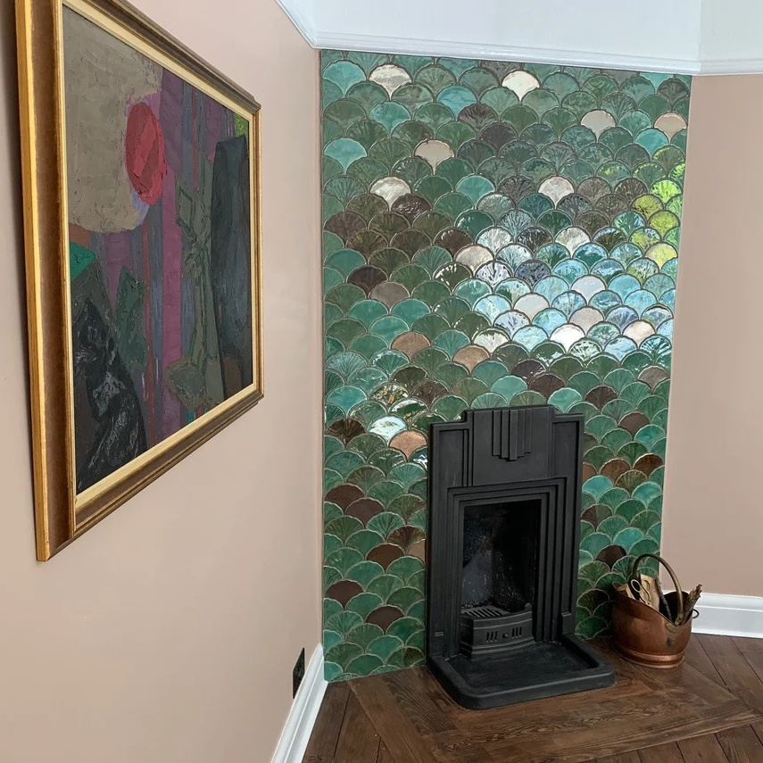 Handmade ceramic Mosaic wall tile Ginkgo leaf green effect gloss glaze Hotel kitchen bathroom handmade tiles