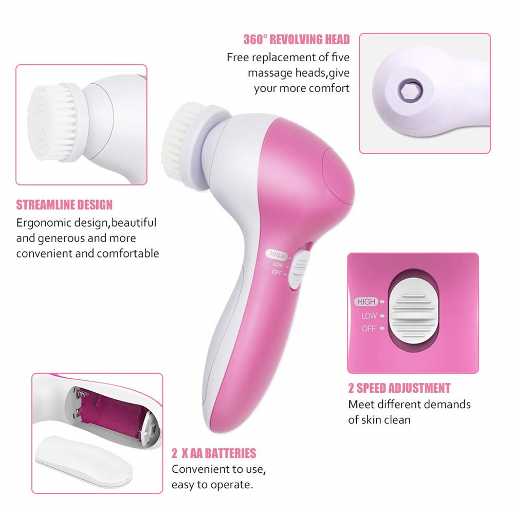 5 in 1 Face Exfoliating Electric Facial Cleaner Silicone Scrub Pore Cleaner Spin Sonic Facial Cleansing Brush