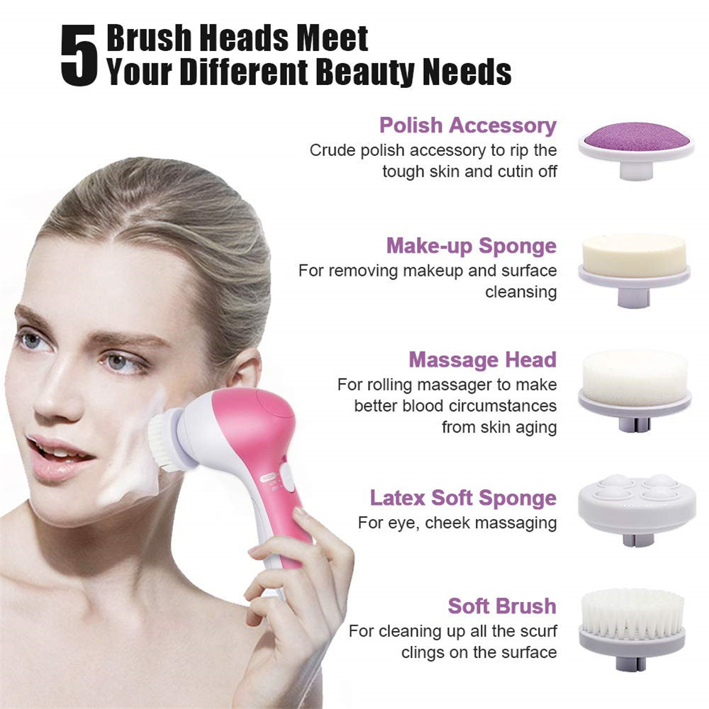 5 in 1 Face Exfoliating Electric Facial Cleaner Silicone Scrub Pore Cleaner Spin Sonic Facial Cleansing Brush