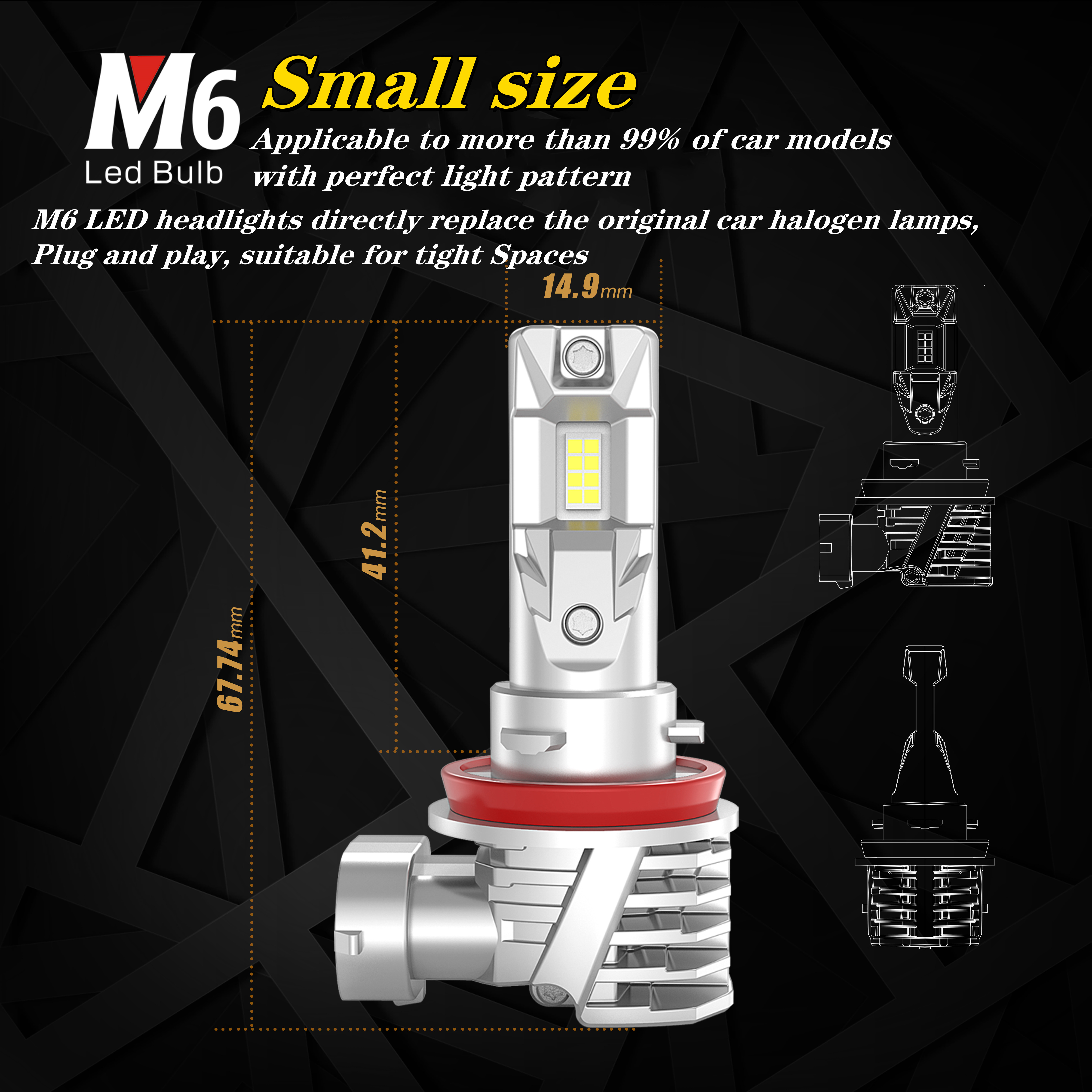 Halogen Size led bulb  M6 H1 H11 H4 7500LM auto led headlight  with fanless wholesale price  replace hid bulb