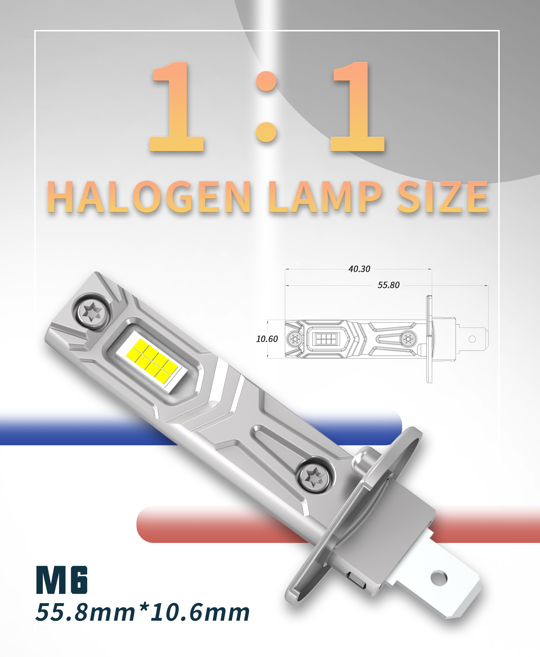 LANSEKO factory best price fanless M6 H1 H3 1:1 halogen size car led headlight bulb H1 H3 3000LM dual color