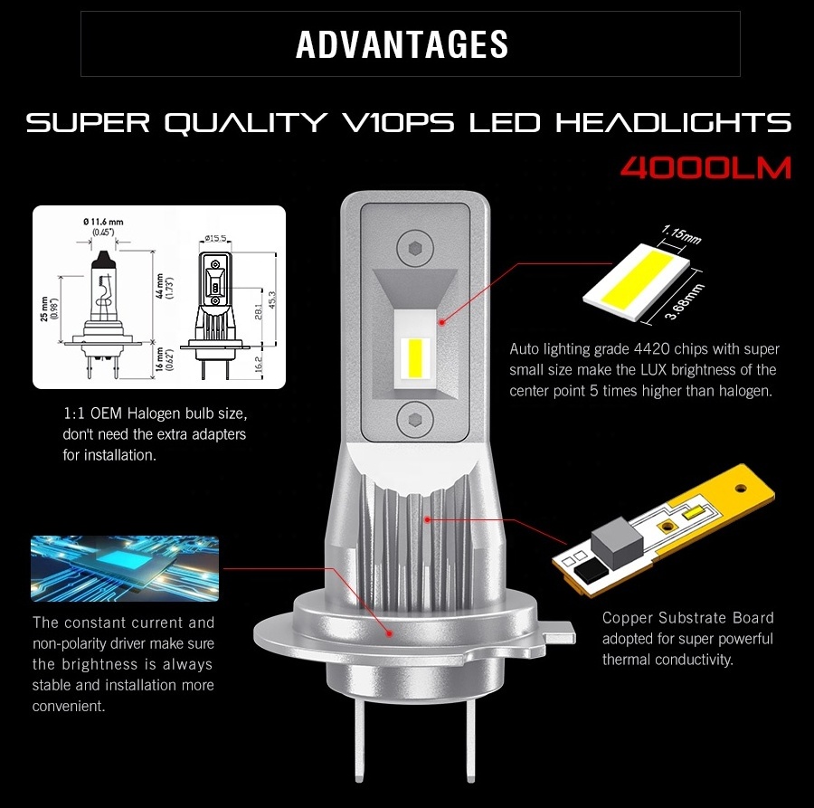 Lanseko V10P special model H11B 4000LM 16W fanless led headlight replace the halogen bulb