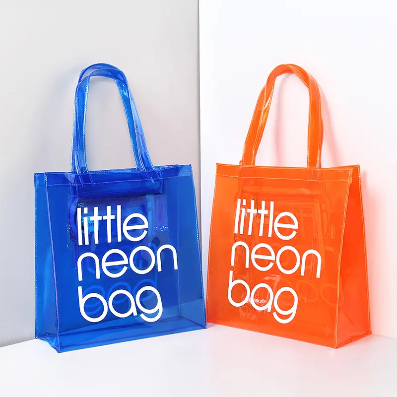 Custom Logo Clear Transparent Waterproof PVC Tote Bag Shopping bag with Zipper and Pocket