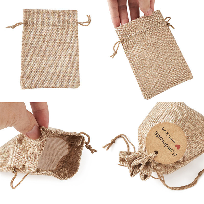 Wholesale Custom Logo Nature Color Jute Pouch Gift Jewelry Packing Storage Hessian Hemp Drawstring Bag with Card