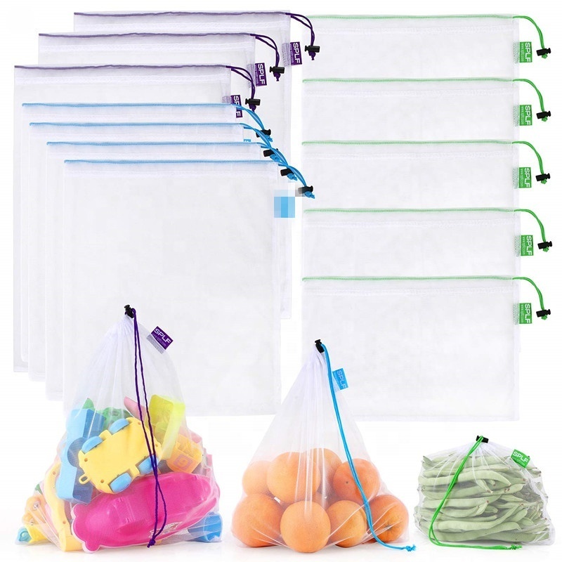 12 Pcs Heavy Duty Reusable Mesh Produce Bags, Barcode Scanable See Through Food Safe Mesh Bags with Drawstring for Fruits