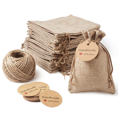 Wholesale Custom Logo Nature Color Jute Pouch Gift Jewelry Packing Storage Hessian Hemp Drawstring Bag with Card